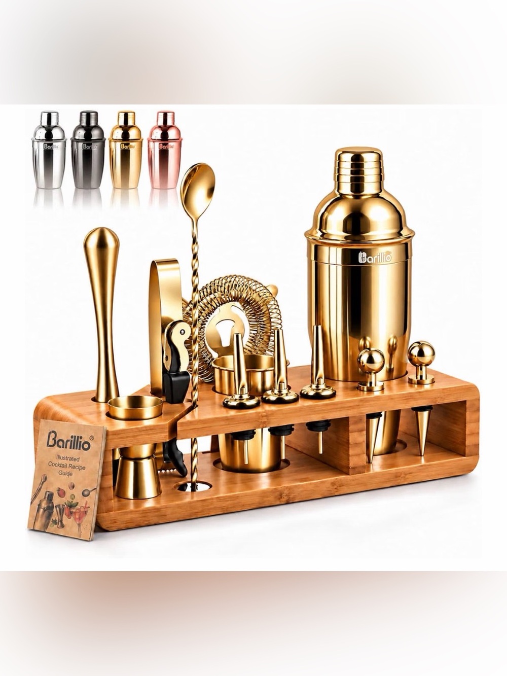 Barillio Gold Cocktail Shaker Bar Tool Set with Wooden Stand